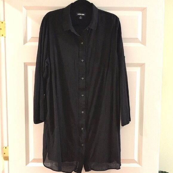 Lands' End Long Sleeve Cotton Gauze Swim Cover-up Shirt Dress Plus Size 1X - Picture 1 of 10